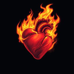 A dramatic illustration of a burning heart, engulfed in vibrant flames