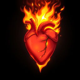 A dramatic illustration of a burning heart, engulfed in vibrant flames