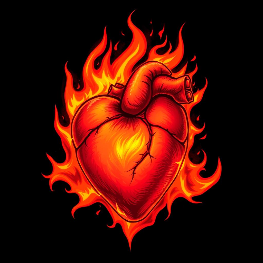 A dramatic illustration of a burning heart, engulfed in vibrant flames