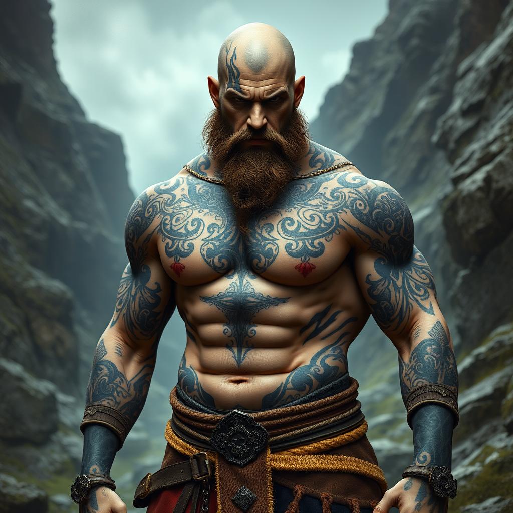 A bald barbarian with grey skin, adorned with intricate black tattoos covering his muscular body