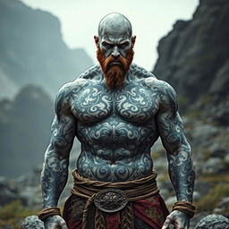 A bald barbarian with grey skin, adorned with intricate black tattoos covering his muscular body