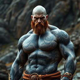 A bald barbarian with grey skin, adorned with intricate black tattoos covering his muscular body