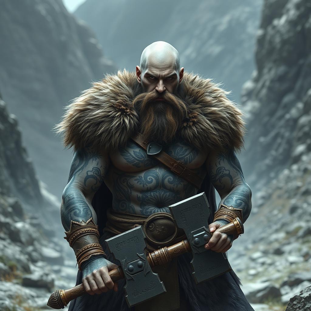 A bald barbarian with no beard, grey skin, and intricate black tattoos covering his muscular body