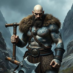 A bald barbarian with no beard, grey skin, and intricate black tattoos covering his muscular body