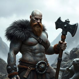 A bald barbarian with no beard, grey skin, and intricate black tattoos covering his muscular body