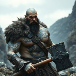 A bald barbarian with no beard, grey skin, and intricate black tattoos covering his muscular body