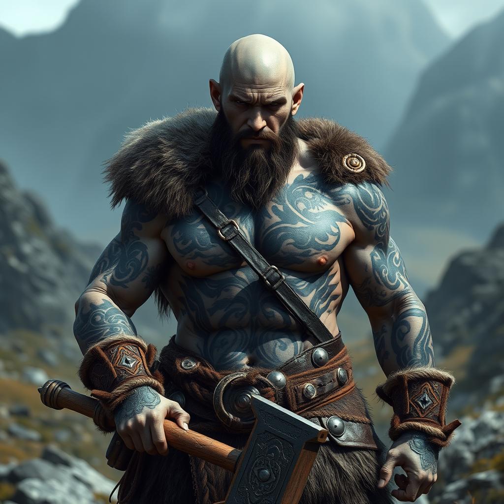 A hairless barbarian with grey skin and intricate black tattoos covering his muscular body