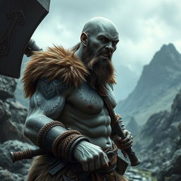 A hairless barbarian with grey skin and intricate black tattoos covering his muscular body