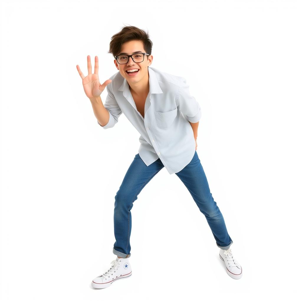 A person saying hello with a white background, wearing a shirt, denim pants, and Converse shoes