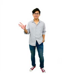 A person saying hello with a white background, wearing a shirt, denim pants, and Converse shoes