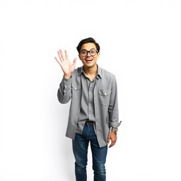 A person saying hello with a white background, wearing a shirt, denim pants, and Converse shoes