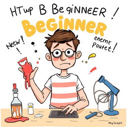 A whimsical and humorous illustration of a beginner making common mistakes while starting a new hobby or project