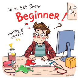 A whimsical and humorous illustration of a beginner making common mistakes while starting a new hobby or project