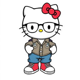 Hello Kitty wearing a shirt and denim pants with Converse shoes and glasses, and a mole on her right cheek