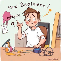 A whimsical and humorous illustration of a beginner making common mistakes while starting a new hobby or project