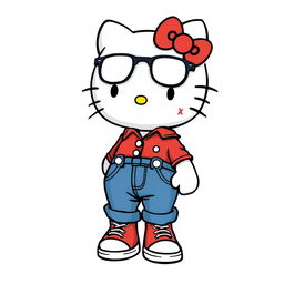 Hello Kitty wearing a shirt and denim pants with Converse shoes and glasses, and a mole on her right cheek