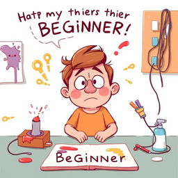 A whimsical and humorous illustration of a beginner making common mistakes while starting a new hobby or project