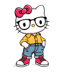 Hello Kitty wearing a shirt and denim pants with Converse shoes and glasses, and a mole on her right cheek