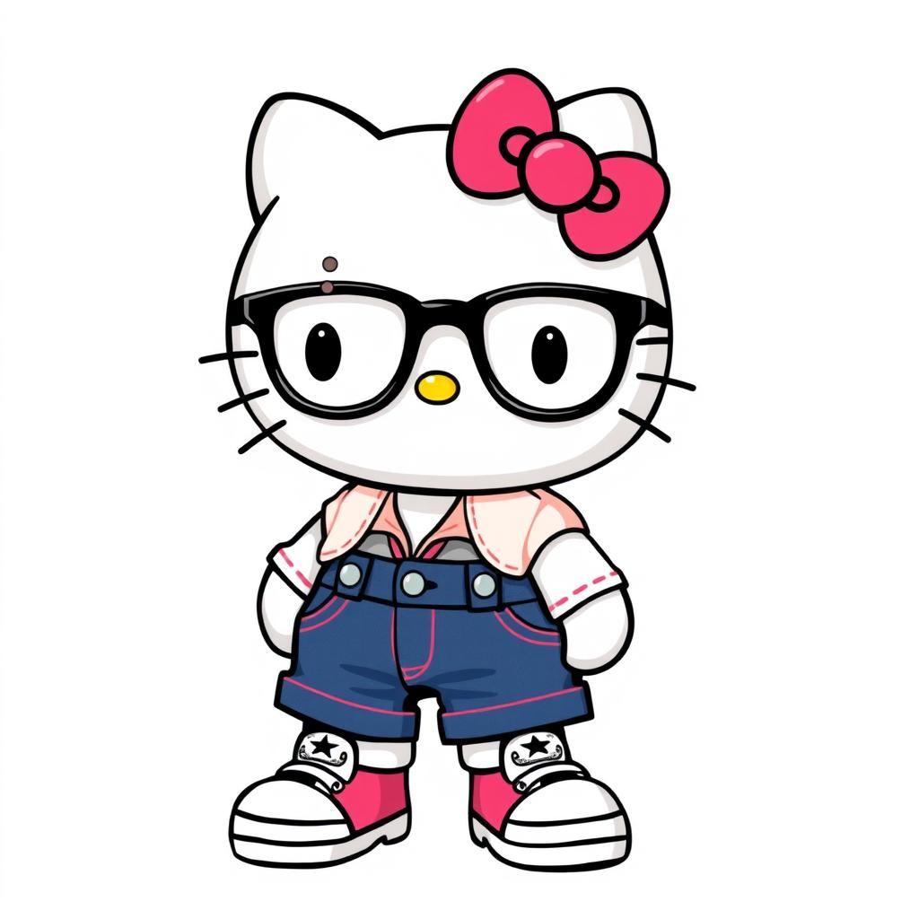 Hello Kitty wearing a shirt and denim pants with Converse shoes and glasses, and a mole on her right cheek