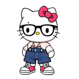 Hello Kitty wearing a shirt and denim pants with Converse shoes and glasses, and a mole on her right cheek