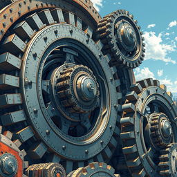 A detailed illustration of gigantic mechanical gears, intricately designed with metallic textures and complex interlocking mechanisms