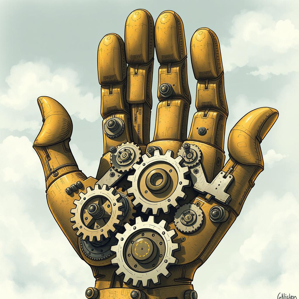 A detailed illustration of gigantic mechanical gears shaped like a hand