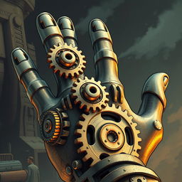 A detailed illustration of gigantic mechanical gears shaped like a hand