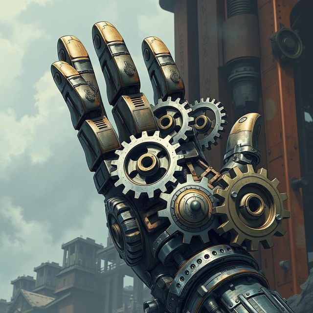 A detailed illustration of gigantic mechanical gears shaped like a hand