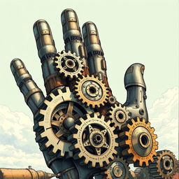 A detailed illustration of gigantic mechanical gears shaped like a hand