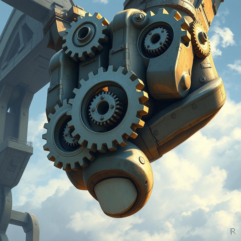 A detailed illustration of gigantic mechanical gears shaped like a fist