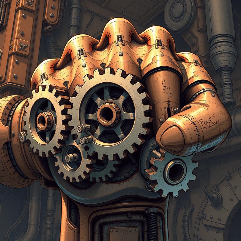 A detailed illustration of gigantic mechanical gears shaped like a fist