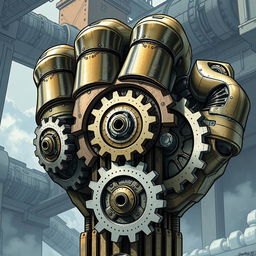 A detailed illustration of gigantic mechanical gears shaped like a fist