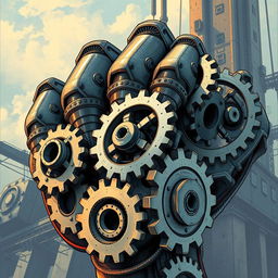 A detailed illustration of gigantic mechanical gears shaped like a fist