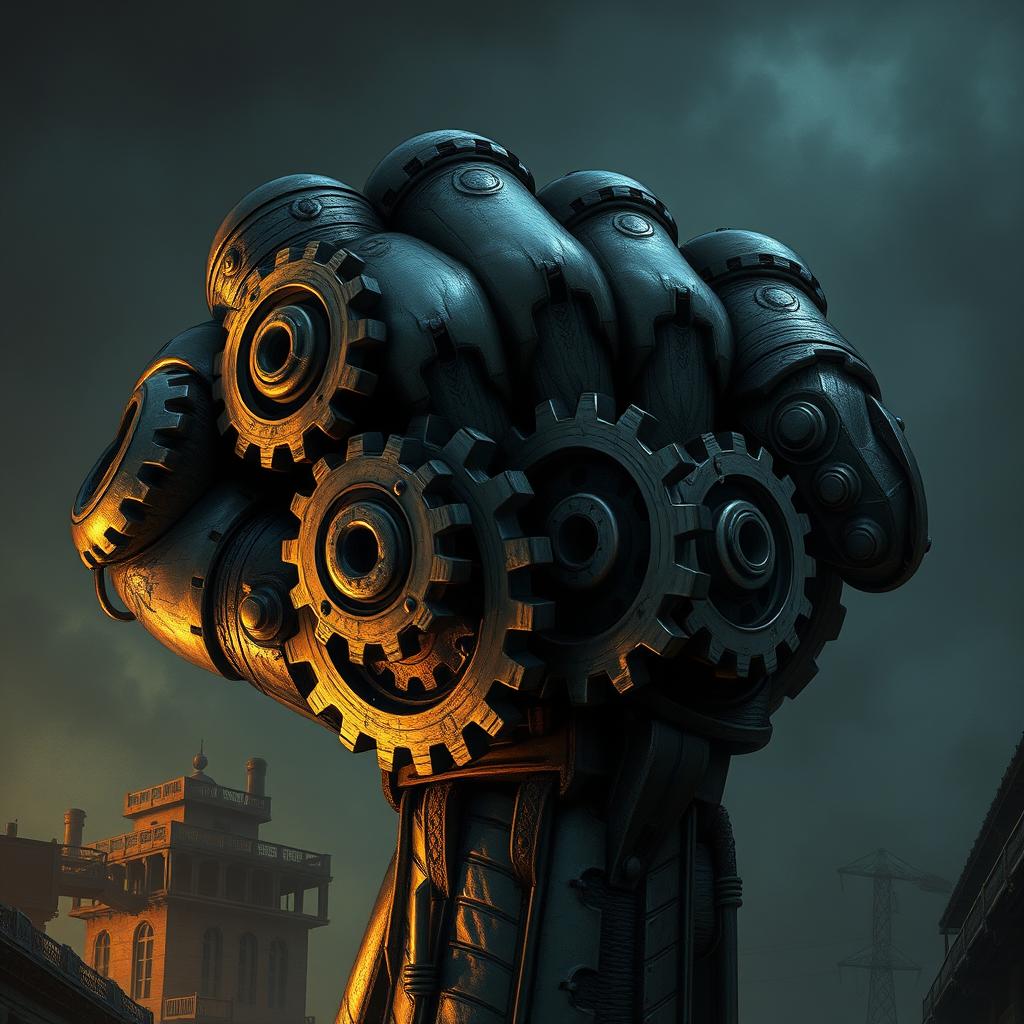 A detailed illustration of gigantic mechanical gears shaped like a fist, with a gloomy and eerie tone