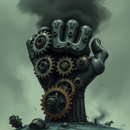 A detailed illustration of gigantic mechanical gears shaped like a fist, with a gloomy and eerie tone