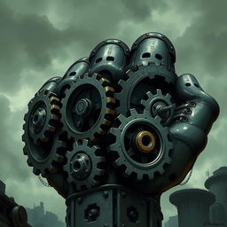 A detailed illustration of gigantic mechanical gears shaped like a fist, with a gloomy and eerie tone