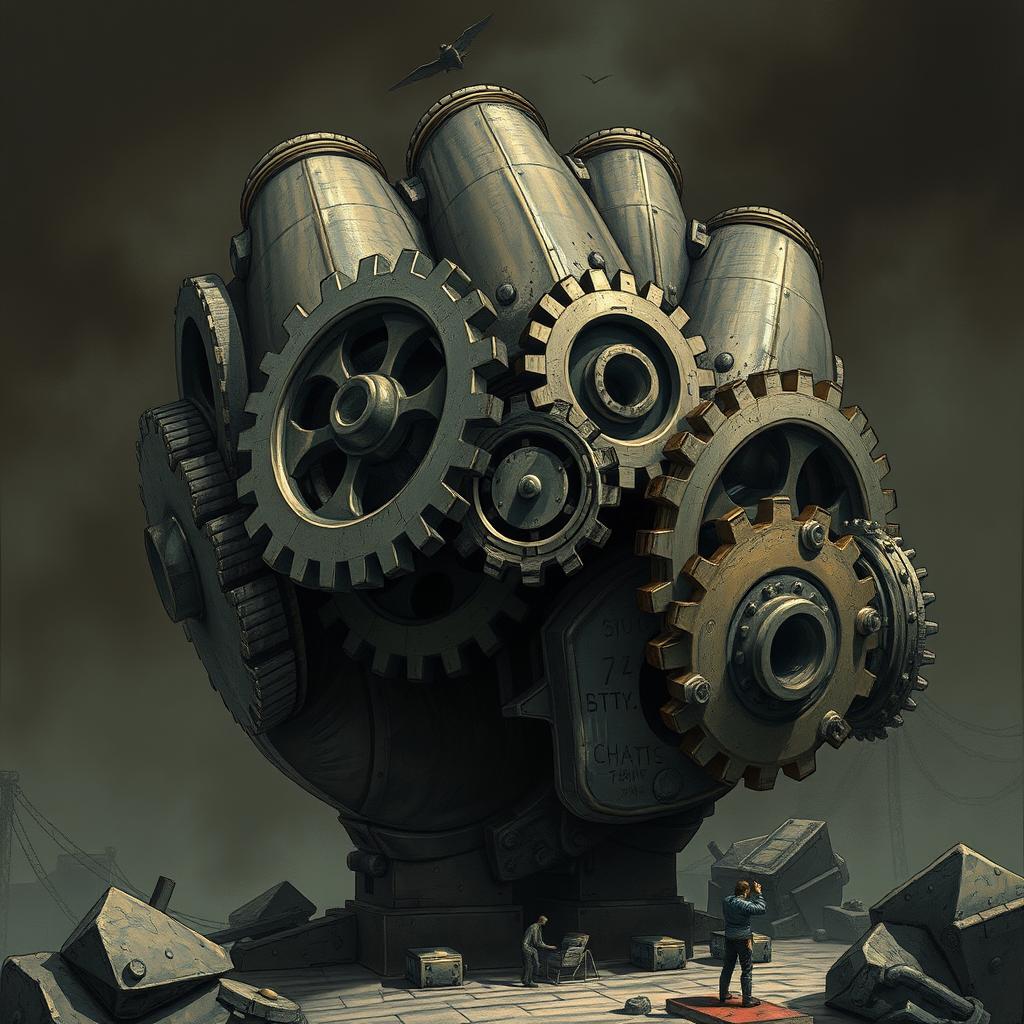 A detailed illustration of gigantic mechanical gears shaped like a fist, with a gloomy and eerie tone