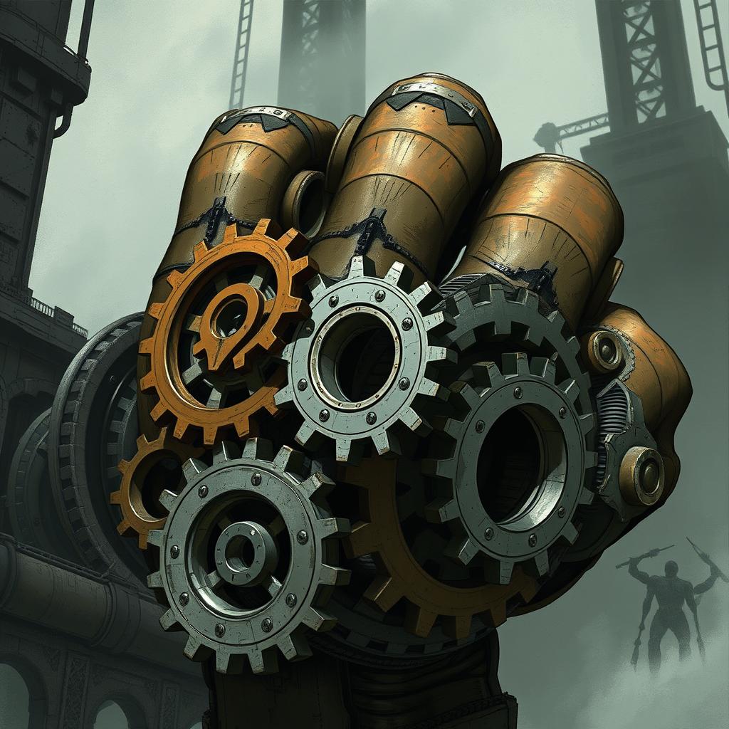 A detailed illustration of gigantic mechanical gears shaped like a fist, with a gloomy and eerie tone but minimal fantasy elements