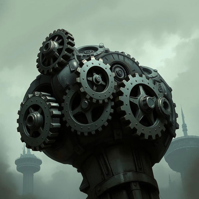 A detailed illustration of gigantic mechanical gears shaped like a fist, with a gloomy and eerie tone but minimal fantasy elements