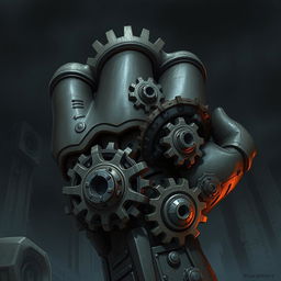 A detailed illustration of gigantic mechanical gears shaped like a fist, with a gloomy and eerie tone but minimal fantasy elements