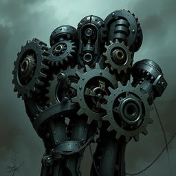 A detailed illustration of gigantic mechanical gears shaped like a fist, with a gloomy and eerie tone but minimal fantasy elements