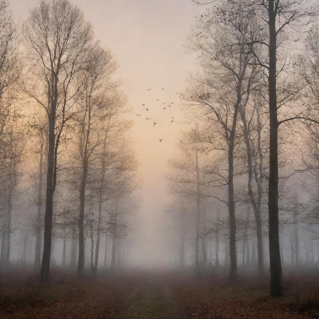 A misty forest at dawn with birds flying overhead