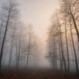 A misty forest at dawn with birds flying overhead