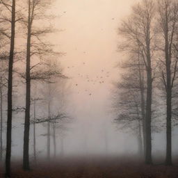 A misty forest at dawn with birds flying overhead