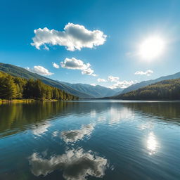 Create an image of a beautiful landscape featuring a serene lake surrounded by lush green trees and mountains in the background