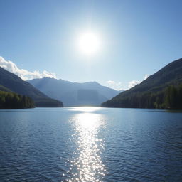 Create an image of a beautiful landscape featuring a serene lake surrounded by lush green trees and mountains in the background