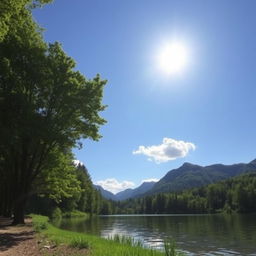 Create an image of a beautiful landscape featuring a serene lake surrounded by lush green trees and mountains in the background