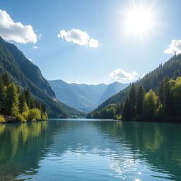 Create an image of a beautiful landscape featuring a serene lake surrounded by lush green trees and mountains in the background