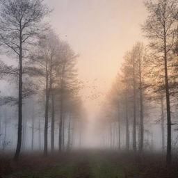 A misty forest at dawn with birds flying overhead