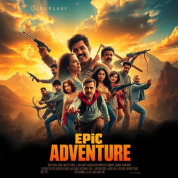 Create a vibrant and captivating movie poster featuring an epic adventure scene